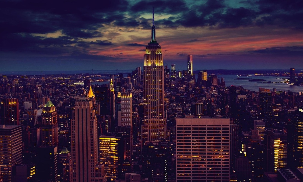 Eiffel Tower at sunset from a drone view over New York City